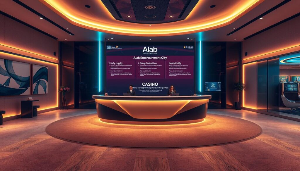 A serene, modern casino interior with a sleek, minimalist design. Warm lighting illuminates the space, creating a cozy and inviting atmosphere. The walls are adorned with elegant, abstract art pieces, and the floor is covered in a plush, neutral-toned carpet. Towards the center, a large, curved reception desk stands, staffed by friendly, professional-looking attendants. Behind the desk, a digital display showcases the casino's key information, including its safety, legality, and data protection policies. The overall scene conveys a sense of trust, security, and attention to detail, reflecting the reliable and trustworthy nature of the "Alab Entertainment City" establishment.