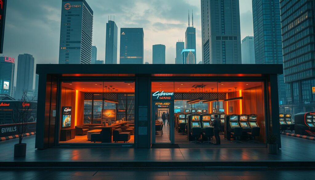 A serene, modern gaming establishment nestled in a bustling cityscape. The exterior features a sleek, minimalist design with large glass windows and clean lines, conveying a sense of professionalism and security. The interior is bathed in warm, ambient lighting, with plush seating and state-of-the-art gaming equipment. Elegant, discreet signage and well-trained staff create an atmosphere of trust and reliability. In the background, the towering skyscrapers of the city skyline lend an air of stability and prosperity. The overall scene evokes a safe, reputable, and enjoyable entertainment experience for discerning patrons.