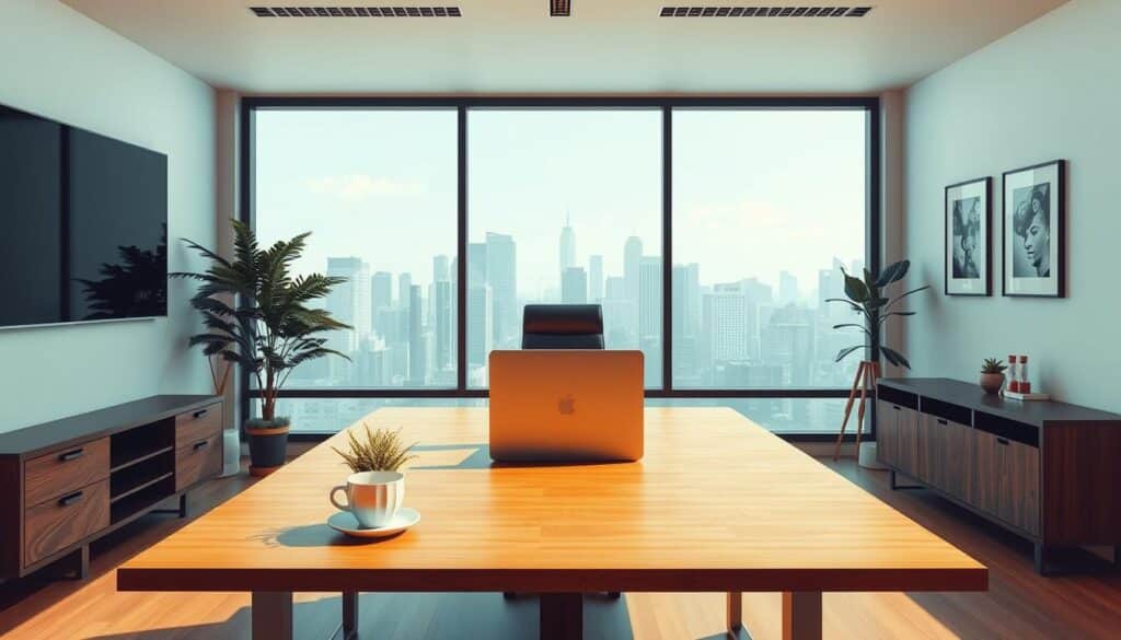 A serene, modern office interior with clean lines and minimalist decor. In the foreground, a sleek wooden desk with a laptop, a potted plant, and a cup of coffee. The middle ground features a large window overlooking a cityscape, allowing natural light to flood the space. The background showcases a simple, neutral-toned wall with a few framed artworks. The overall atmosphere is one of professionalism, focus, and relaxation, reflecting the basic knowledge and understanding of online entertainment facilities.