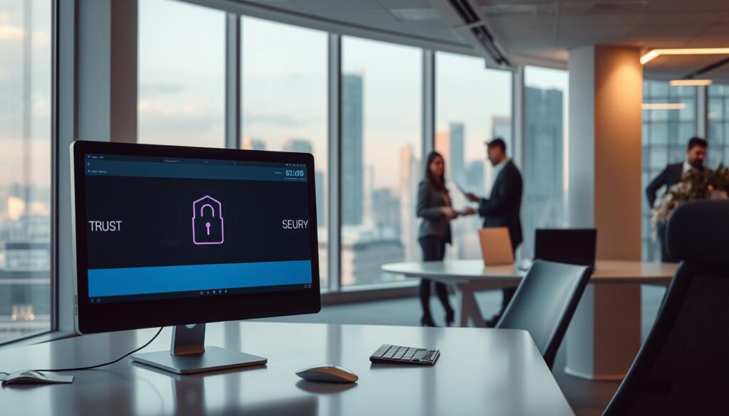 A serene, modern office space with clean lines and a minimalist aesthetic. In the foreground, a desktop computer displays a secure online transaction, conveying a sense of safety and trust. The middle ground features a team of professionals in business attire, collaborating on a project, highlighting the importance of transparency and accountability. The background showcases a cityscape through large windows, suggesting the connectivity and reliability of the online gaming platform. Soft, warm lighting and a calming color palette create an atmosphere of professionalism and trustworthiness.
