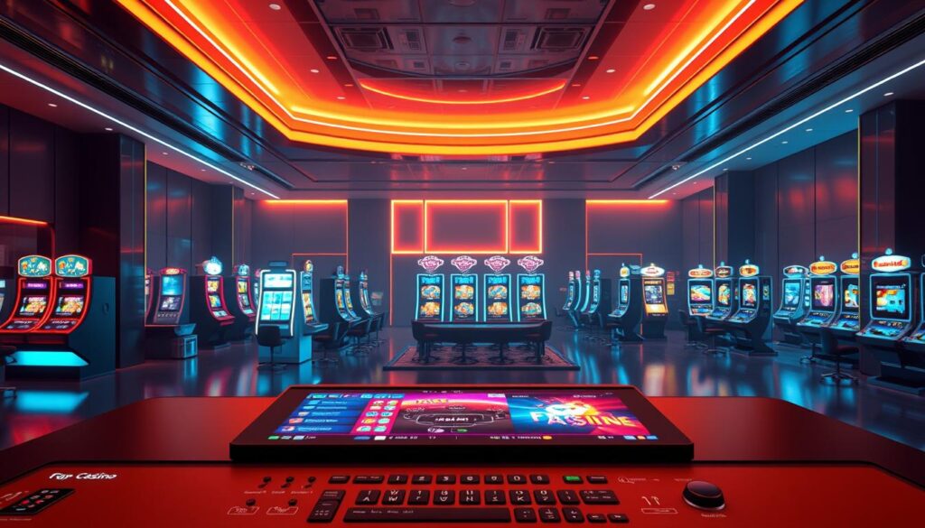 A serene, modern online casino lobby, bathed in warm lighting. In the foreground, a well-designed interface with intuitive game icons and clear navigation. The middle ground features a variety of immersive game tables and slot machines, their screens and displays illuminating the space. The background showcases a sleek, minimalist aesthetic, with clean lines and a sophisticated color palette. The overall atmosphere conveys a sense of elegance, security, and inviting entertainment for the discerning online player. High-quality 3D rendering with realistic textures and depth of field.