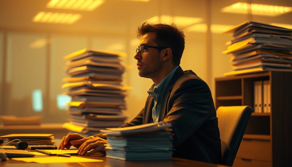 A serene office environment, with a businessman sitting at his desk, facing a towering stack of paperwork. Soft, warm lighting illuminates the scene, creating a sense of focus and concentration. The businessman's expression is one of determination, as he takes a deep breath, steadying himself against the weight of the workload. The background is blurred, drawing the eye to the central figure, conveying a sense of isolation and introspection. The composition is balanced, with the desk and paperwork forming the foreground, the businessman in the middle ground, and subtle hints of the office surroundings in the background. The overall atmosphere is one of calm, controlled power, reflecting the ability to remain composed under pressure.