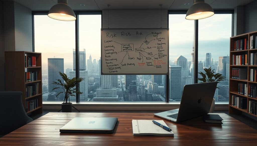 A serene office environment with a focus on risk management strategy. In the foreground, a wooden desk with a laptop, pen, and notepad, symbolizing the tools of the trade. Above the desk, a wall-mounted whiteboard displays a mind map of risk mitigation tactics, drawn in colorful markers. In the middle ground, bookshelves line the walls, their spines denoting volumes on finance, economics, and decision-making. Soft, diffused lighting from overhead lamps casts a warm glow, creating a contemplative atmosphere. The background features a panoramic window overlooking a bustling city skyline, a constant reminder of the dynamic landscape in which the risk management strategies must be applied.