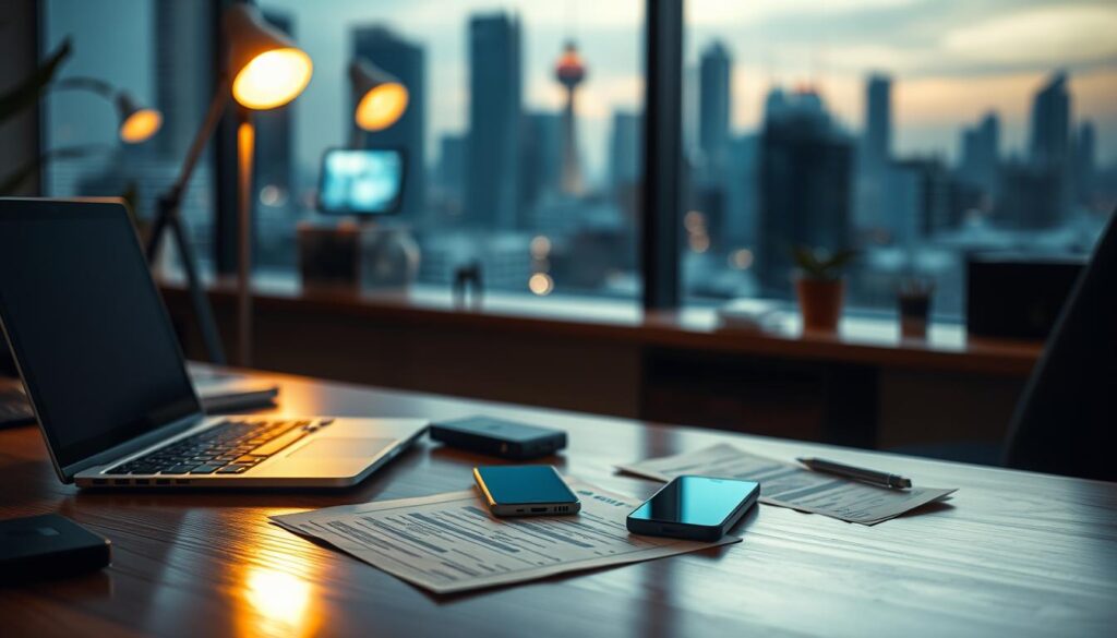 A serene office environment with a laptop, smartphone, and financial documents on a wooden desk. Soft, warm lighting casts a comforting glow, conveying a sense of security and trustworthiness. In the background, a blurred cityscape suggests the broader context of online gaming and financial transactions. The overall mood is one of thoughtful consideration, with an emphasis on the careful evaluation of safety and risk factors.