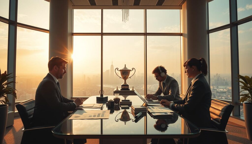 A serene office interior, bathed in warm, natural lighting streaming through large windows. In the foreground, a team of well-dressed professionals review financial reports and charts on a sleek, glass-topped conference table. The middle ground features a trophy case displaying awards and accolades, symbolizing the success of the enterprise. In the background, a panoramic city skyline is visible, hinting at the broader business landscape. The overall atmosphere exudes a sense of professionalism, accomplishment, and financial prowess.