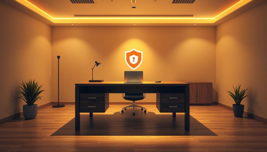 A serene office interior with a large wooden desk, a laptop, and a stylized security icon prominently displayed. The desk is illuminated by a warm, focused light, casting soft shadows that add depth and dimension. The background is a minimalist, clean space with neutral tones, emphasizing the main subject. The overall composition conveys a sense of professionalism, diligence, and a careful approach to online security assessment.