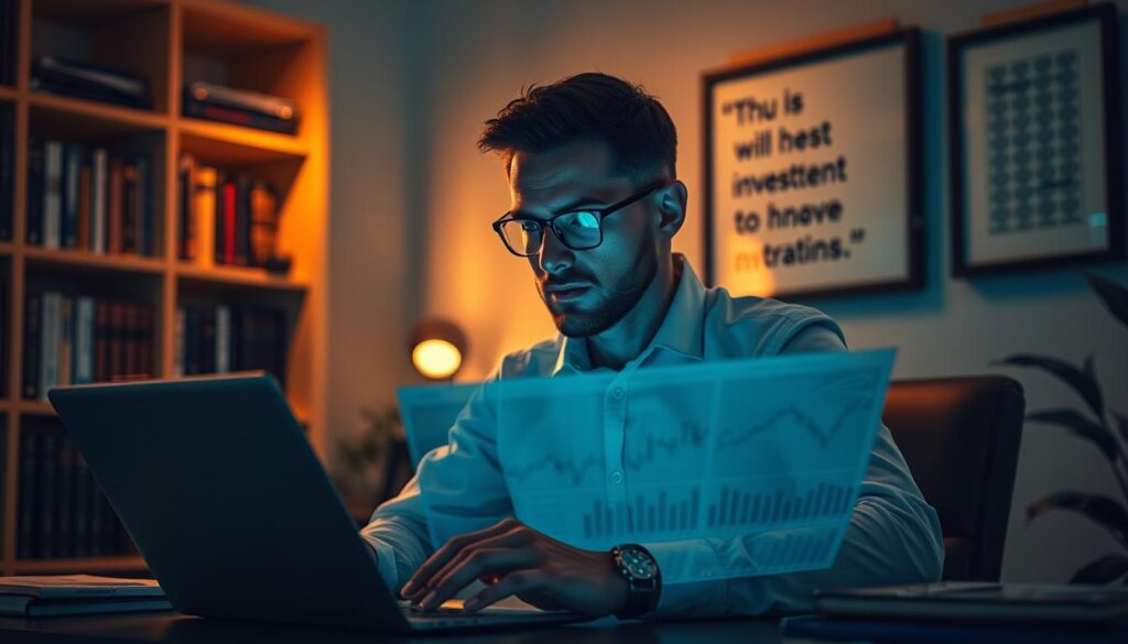 A serene office setting, with a businessman meticulously analyzing charts and graphs on a laptop. The lighting is warm and ambient, creating a contemplative atmosphere. In the background, a bookshelf filled with financial tomes and a framed inspirational quote on the wall. The man's expression is focused, yet his body language suggests a sense of calm and control, highlighting the importance of emotional management in investment decision-making. A subtle hue of green and blue tones adds a sense of balance and stability to the scene.