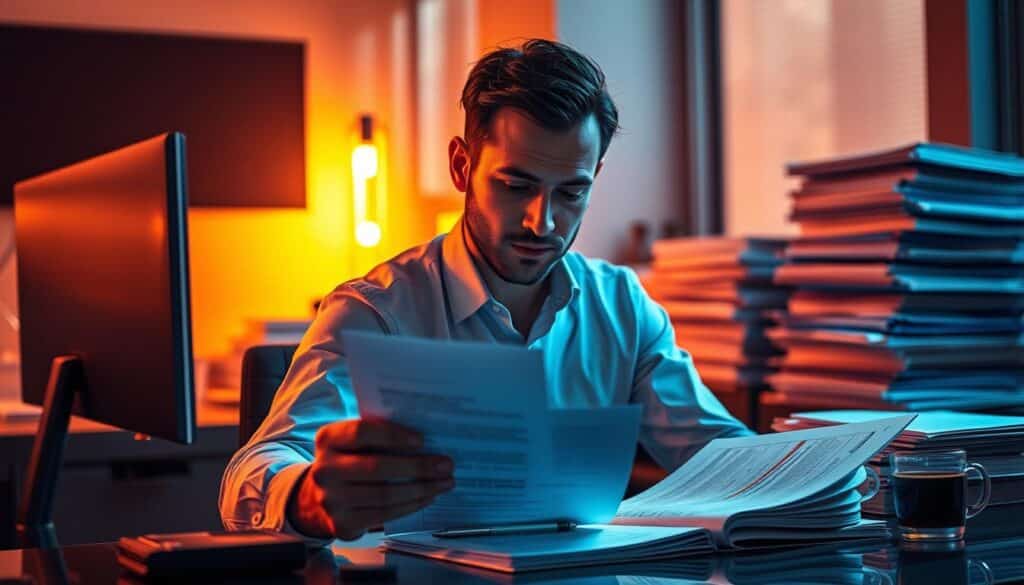 A serene office setting with a businessman thoughtfully reviewing customer feedback forms on his desk. The ambient lighting casts a warm, contemplative glow, highlighting the importance of the evaluation process. In the background, a sleek computer monitor and stacks of neatly organized documents convey a professional, data-driven atmosphere. The man's expression reflects the gravity of his task, underscoring the significance of customer reviews in shaping business decisions and strategies. Subtle details, such as a pen poised in his hand and a cup of coffee, suggest a meticulous, methodical approach to analyzing the valuable insights provided by clients.