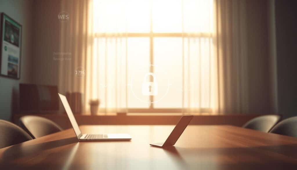 A serene office setting with a laptop, smartphone, and a security lock icon centrally placed. The scene is bathed in warm, natural lighting from a large window, conveying a sense of trustworthiness and reliability. In the background, subtle web graphics and abstract patterns suggest the online environment. The overall composition emphasizes the importance of digital safety and trustworthy online experiences for the discerning Taiwanese player in the thriving 2025 iGaming landscape.