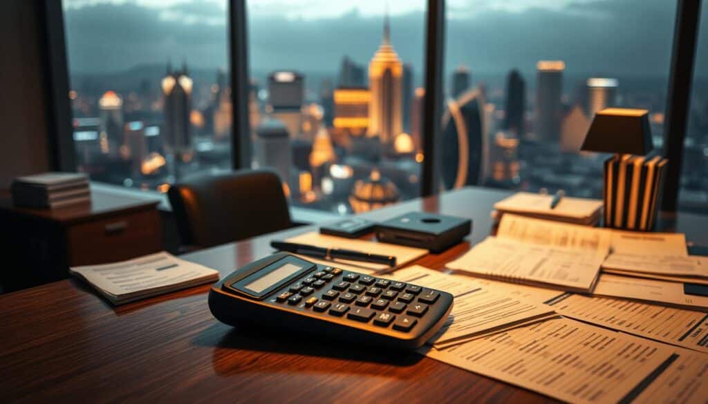 A serene office setting, with a modern executive desk showcasing a carefully organized array of financial documents and ledgers. Warm, directional lighting casts gentle shadows, creating a contemplative atmosphere. In the background, a panoramic view of a bustling casino city skyline, gently blurred, represents the financial landscape the player is navigating. The focal point is a hand-held calculator, its display illuminated, symbolizing the player's thoughtful approach to managing their gaming finances and mitigating risks. The overall composition conveys a sense of control, responsibility, and financial prudence within the vibrant world of casino entertainment.