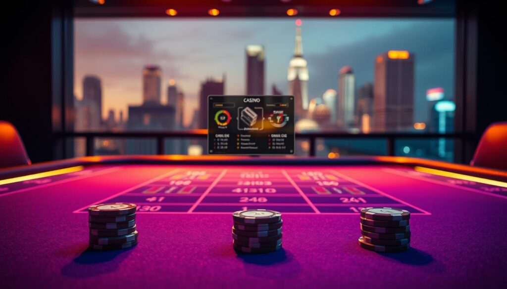 A serene online casino gaming table, bathed in warm, ambient lighting. The felt surface stretches out, inviting players to explore the various betting limits and game options available. In the foreground, sleek casino chips in a variety of denominations are neatly stacked, ready for high-stakes action. The middle ground showcases a subtle, elegant user interface, guiding players through the intuitive, immersive digital experience. In the background, a blurred cityscape provides a sense of urban sophistication, hinting at the excitement and thrill of the online gaming world. The overall mood is one of luxury, exclusivity, and the allure of navigating the boundless possibilities of online gambling.