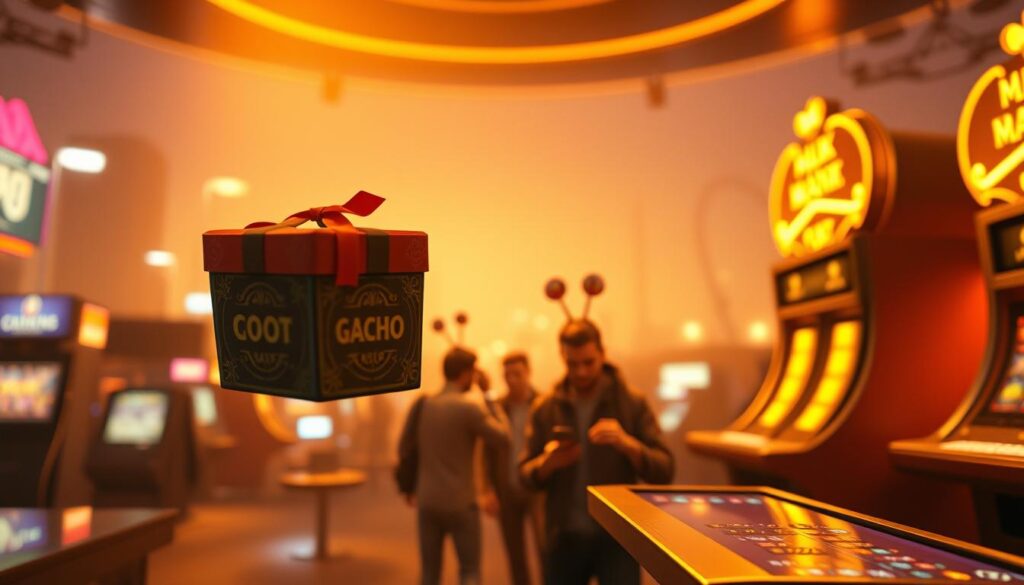 A serene online casino landscape, where the influence of the "Gacha mechanic" casts a subtle yet transformative shadow. In the foreground, a vividly rendered loot box hovers, its contents tantalizingly obscured, symbolizing the allure and unpredictability that captivates players. In the middle ground, a group of online casino patrons, their expressions a mix of excitement and contemplation, as they navigate the thrilling yet potentially precarious world of virtual rewards. The background softly fades into a blurred cityscape, hinting at the broader societal impact of this gaming phenomenon. Warm, golden lighting illuminates the scene, creating a sense of enchantment and intensity. Captured through a cinematic, shallow depth of field lens, the image invites the viewer to ponder the nuances of this complex, evolving landscape.