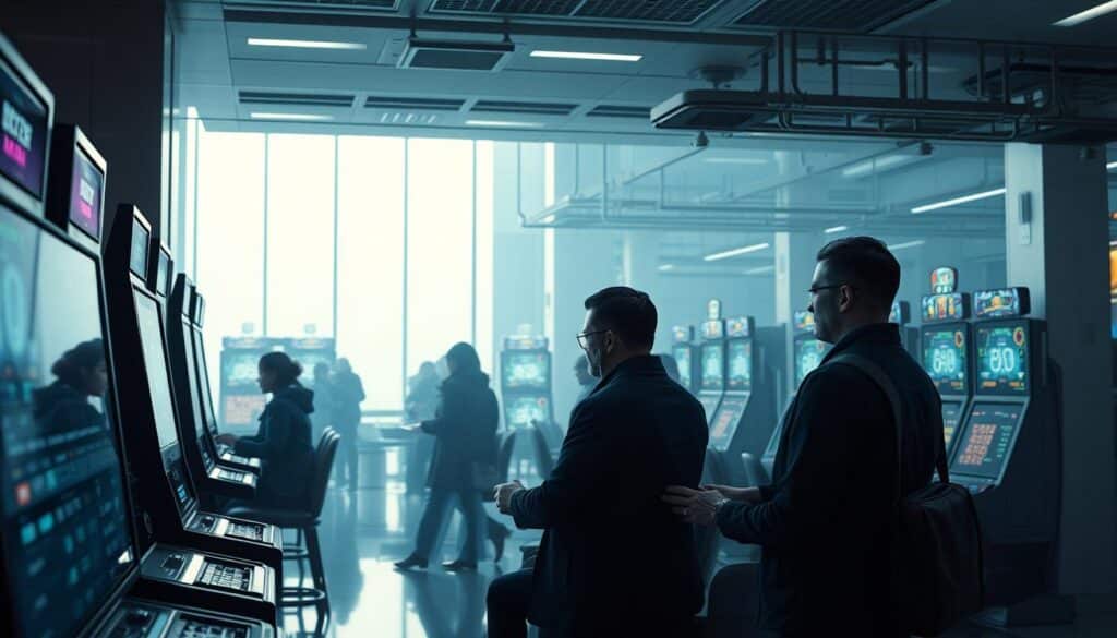 A serene online casino lobby set in a modern, minimalist style. In the foreground, sleek gaming terminals with intuitive interfaces and secure transaction panels. In the middle ground, patrons engaged in immersive, high-definition gameplay, their expressions calm and focused. The background features robust security systems, with discreet surveillance cameras and state-of-the-art encryption protocols, conveying a sense of safety and reliability. Soft, diffused lighting illuminates the scene, creating a tranquil, confidence-inspiring atmosphere. The overall impression is one of a secure, well-regulated online entertainment destination, catering to discerning players seeking a premium, worry-free gaming experience.