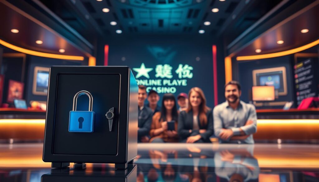 A serene online casino lobby with a focus on security and trust. In the foreground, a digital safe with a padlock symbolizing the secure storage of player data. In the middle ground, a group of smiling players, their faces conveying a sense of confidence and comfort. The background features a sleek, modern interface with elegant typography and discreet security icons, radiating an atmosphere of professionalism and reliability. Soft lighting casts a warm, inviting glow, while the composition is balanced and harmonious, reflecting the article's emphasis on "安全性與信任: 玩家的保障".