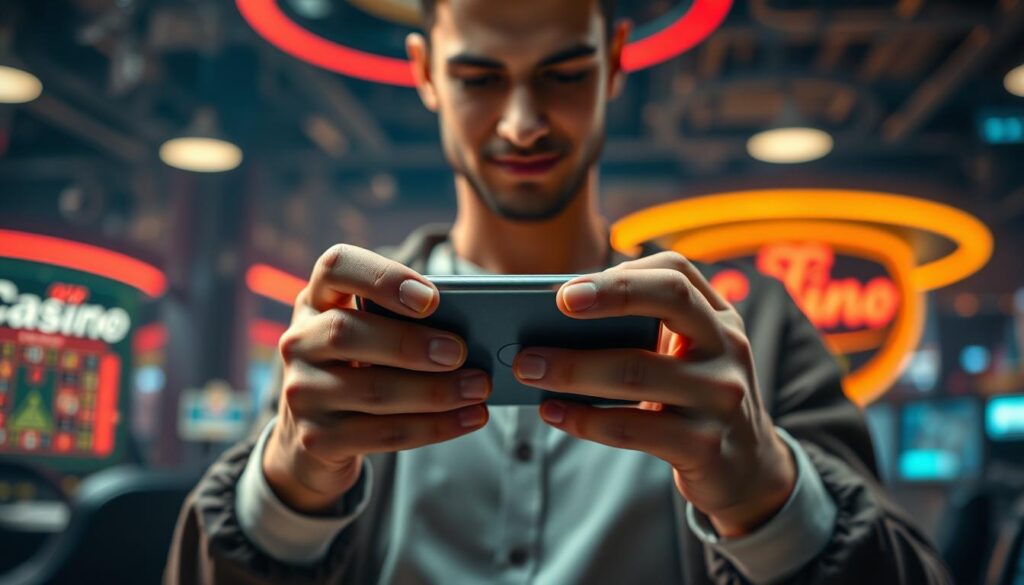 A serene online casino scene, illuminated by warm lighting and a sense of trust. In the foreground, a player's hands gently hold a mobile device, their face reflecting a calm, confident expression. The middle ground showcases the casino's sleek, modern interface, seamlessly integrating security features that instill a feeling of safety. The background subtly depicts the casino's brand, conveying a aura of reliability and fairness. The composition emphasizes the player's trust in the gaming experience, creating an atmosphere of comfort and assurance.