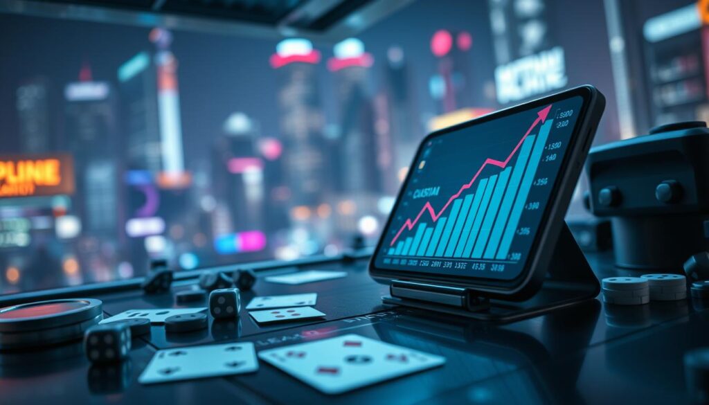 A serene online casino scene with a focus on digital growth. In the foreground, a mobile device displays a rising chart, symbolizing the expansion of the online gambling market amidst the pandemic. The middle ground features an array of gaming icons, dice, and cards, hinting at the diverse offerings. The background showcases a blurred cityscape, conveying the pervasive influence of the digital entertainment industry. The lighting is soft and subdued, creating an atmosphere of contemplation and quiet innovation. Captured with a wide-angle lens to encompass the multifaceted nature of the subject matter.