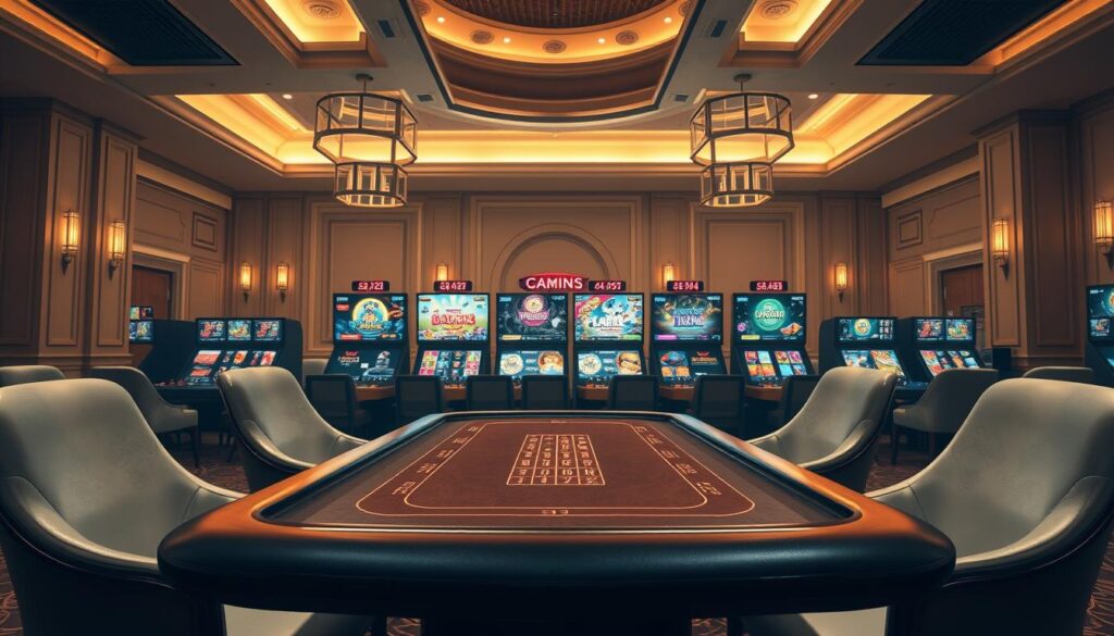 A serene online casino with a warm, inviting atmosphere. The foreground features a sleek, modern gaming table with polished wood surfaces and well-appointed chairs. Soft, indirect lighting casts a gentle glow, creating a sense of comfort and security. In the middle ground, high-resolution digital screens display a variety of casino games, their vibrant graphics and smooth animations captivating players. The background showcases a tasteful, minimalist decor with elegant architectural details, conveying a sense of sophistication and trustworthiness. An overall atmosphere of safety, fairness, and responsible gaming pervades the scene, reflecting the ideal online casino experience for Taiwanese players.