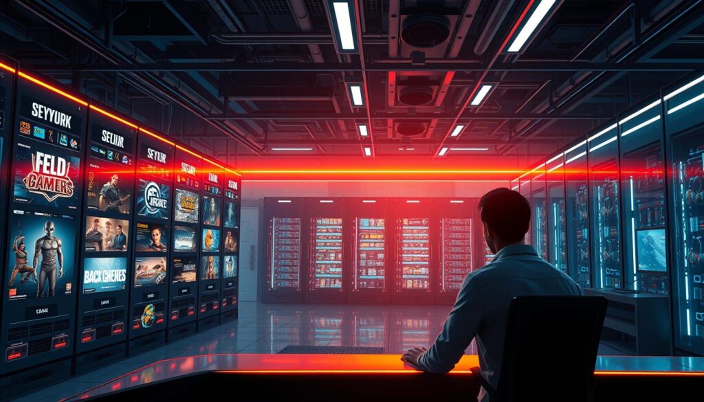 A serene online gaming landscape, bathed in a warm, inviting glow. In the foreground, a player navigates a secure, modern interface, their movements fluid and intuitive. The middle ground features a lineup of popular game titles, each rendered with meticulous detail and vibrant colors. In the background, a sleek, high-tech server room hums with activity, symbolizing the robust infrastructure powering the seamless, safe gaming experience. The overall atmosphere conveys a sense of trust, reliability, and the perfect harmony between technology and human interaction.