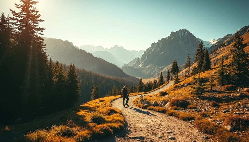 A serene outdoor landscape, with a winding mountain path cutting through the frame. In the foreground, a lone figure stands resolute, their gaze fixed on the distant peaks. Warm natural lighting bathes the scene, casting long shadows that speak to the challenge ahead. The middle ground features a dense forest, its towering trees symbolic of the mental and physical endurance required. In the background, rugged, snow-capped mountains rise majestically, a testament to the indomitable spirit needed to reach the summit. The overall atmosphere conveys a sense of determination, resilience, and the interconnectedness of physical and mental fortitude.