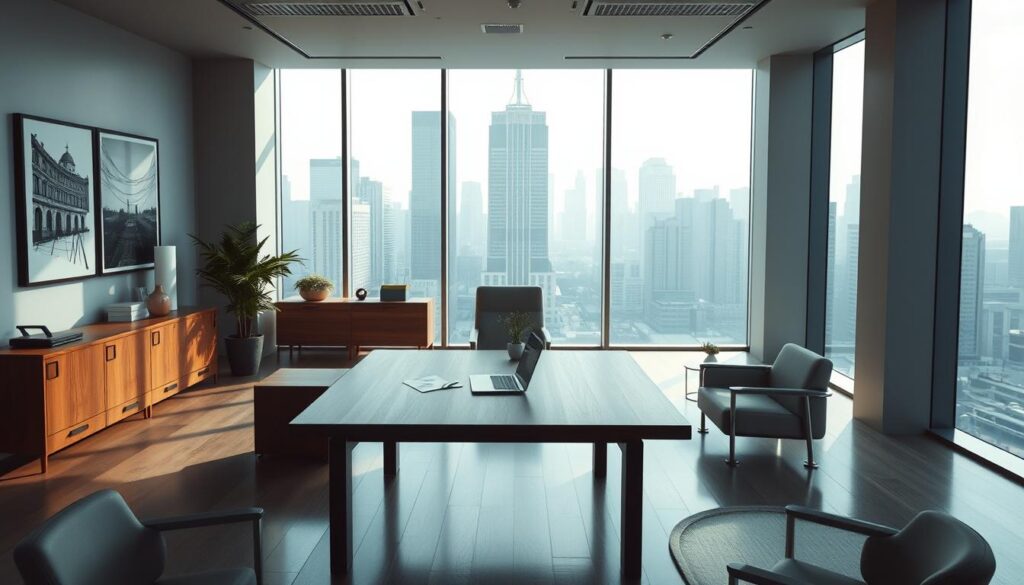 A serene, professional-looking office interior with clean lines and modern furnishings. In the center of the frame, a large, wooden desk with a laptop, paperwork, and a small potted plant. The lighting is soft and natural, filtering in through floor-to-ceiling windows that offer a view of a bustling city skyline in the background. The walls are adorned with minimalist artwork, conveying a sense of sophisticated elegance. The overall atmosphere is one of productivity, legality, and trustworthiness, setting the stage for a premium online gaming experience.
