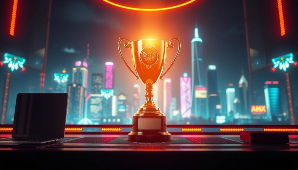 A serene scene of a loyalty program, with a warm glow illuminating the foreground. In the center, a shimmering trophy takes prominence, symbolizing the rewards and recognition offered to loyal customers. The background features a stylized cityscape, representing the online gaming landscape. The lighting is soft and diffused, creating a sense of comfort and trust. The overall composition conveys the idea of a well-crafted loyalty strategy that provides meaningful benefits to engaged players.