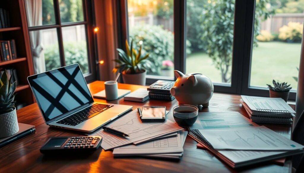 A serene, softly lit home office scene with a wooden desk, a laptop, a stack of financial documents, and a piggy bank. The warm lighting casts a cozy glow, creating an atmosphere of thoughtful financial planning. The middle ground features a well-organized array of ledgers, calculators, and a cup of coffee, suggesting a methodical approach to money management. In the background, a large window overlooks a tranquil garden, symbolizing the balance between work and personal life. The overall composition conveys the importance of responsible financial practices in maintaining a harmonious lifestyle.