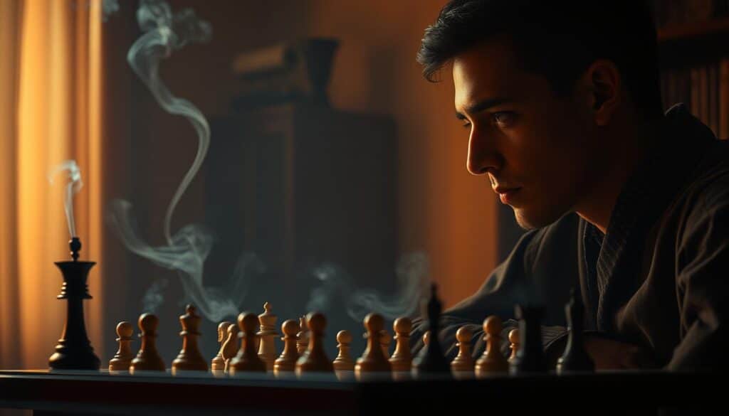 A serene study of emotional control, captured in a dimly lit study. A lone figure, deep in contemplation, sits before a chessboard, gaze unwavering, their features cast in a warm, introspective light. The background fades into a muted palette of earthy tones, creating a sense of focus and tranquility. Delicate wisps of smoke curl from an incense burner, filling the air with a calming fragrance. The scene conveys a palpable sense of poise and self-mastery, with the chessboard symbolizing the strategic and disciplined nature of emotional regulation in high-stakes situations.