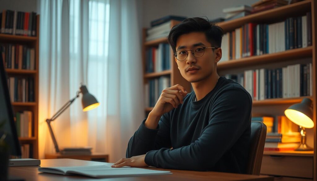 A serene study room with soft, warm lighting illuminating a thoughtful individual seated at a wooden desk, pondering the complexities of emotional regulation. In the background, a bookshelf filled with volumes on psychology and self-improvement casts an air of introspection. The figure's expression is one of quiet contemplation, surrounded by a calming, neutral color palette that evokes a sense of inner balance. The composition emphasizes the interplay between the physical and mental realms, capturing the essence of the section title "心理因素與情緒控制".