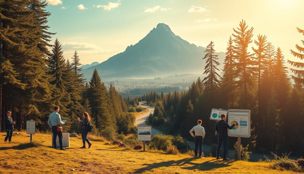 A serene, sun-dappled forest clearing, with a majestic search engine optimization (SEO) mountain looming in the distance. In the foreground, a group of diverse digital marketing experts, each wielding a different tool - SEO auditing software, keyword research dashboards, and analytics platforms. They work in harmony, strategizing ways to optimize the website's content, structure, and off-page factors, all to boost its search engine ranking. The middle ground features a winding path, lined with lush greenery and informative signposts guiding the way towards greater online visibility. The background showcases a vibrant, teeming cityscape, representing the bustling, competitive digital landscape. Warm, golden lighting infuses the scene, conveying a sense of progress and opportunity.