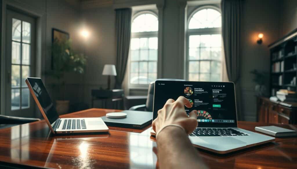 A serene, thoughtfully-lit office interior with a polished mahogany desk, a laptop, and reference materials. Soft natural light filters through large windows, casting a warm glow. In the foreground, a hand carefully navigates an online casino website, weighing the options. The atmosphere conveys a sense of careful consideration and discernment, as the viewer is guided to contemplate the factors involved in selecting a reputable online casino. The image should be visually appealing and inspire trust in the decision-making process.