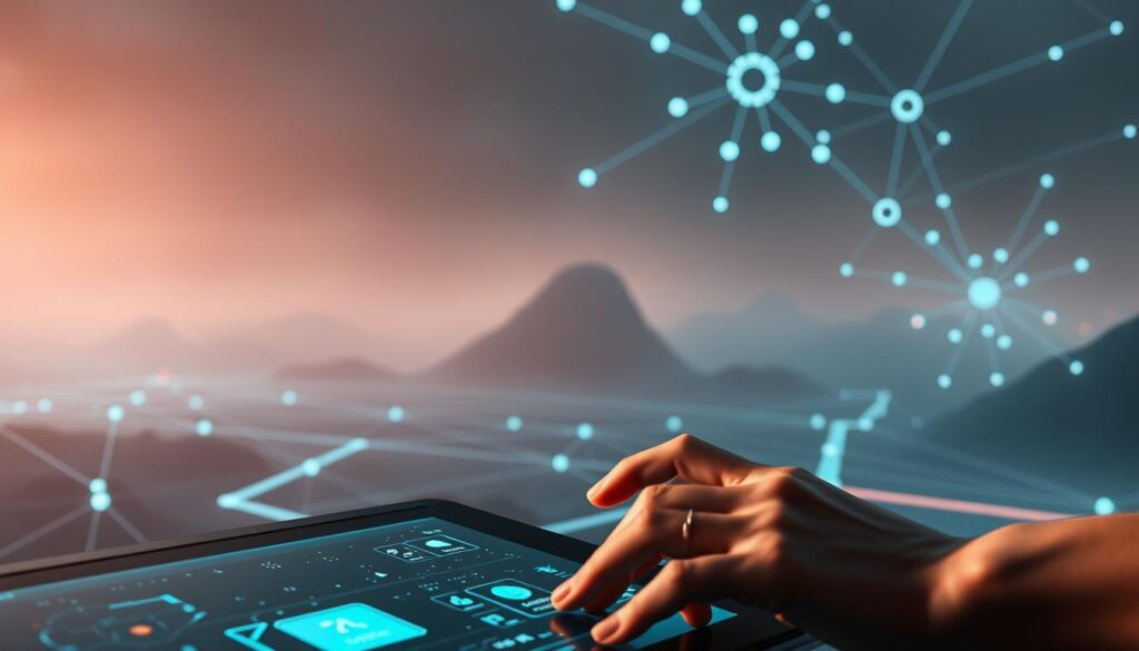 A serene virtual landscape with a pulsing network of intricate connections, symbolizing the complex web of online gambling risks. In the foreground, a hand carefully navigates a sleek, high-tech interface, underscoring the need for strategic risk management. Soft, diffused lighting casts an air of contemplation, while the middle ground features a series of interconnected nodes and pathways, representing the interconnected nature of online gambling ecosystems. In the background, a subtle haze of uncertainty envelops the scene, highlighting the inherent challenges and unpredictability of navigating the digital gambling landscape. The overall mood conveys a sense of thoughtful consideration and the importance of proactive measures to mitigate the risks associated with online gambling.