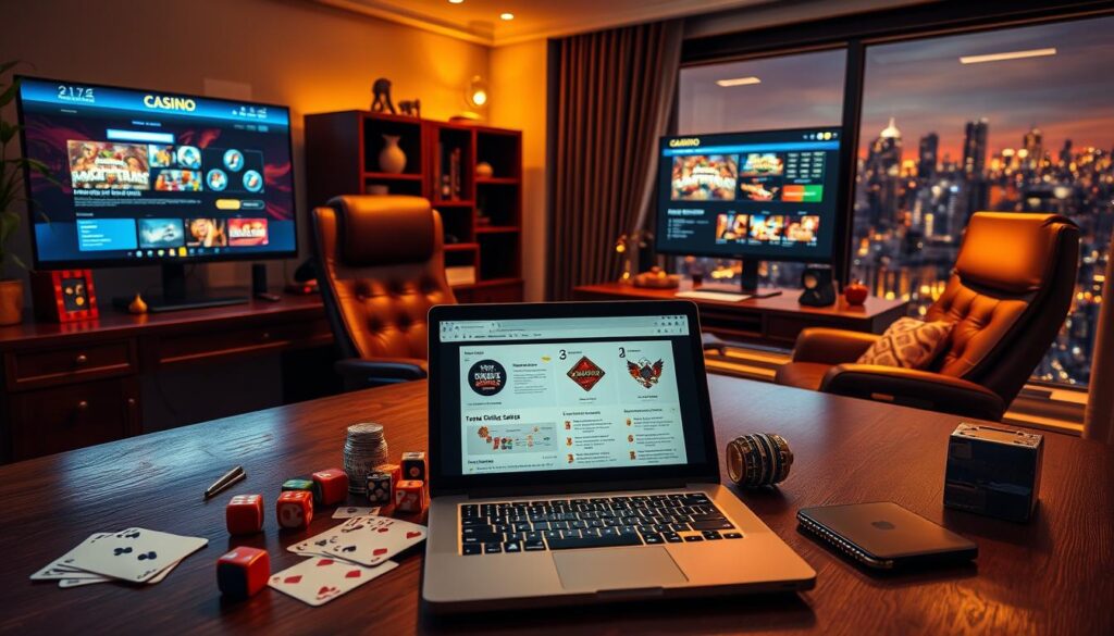 A serene, well-appointed home office setting, with an elegant wooden desk, a comfortable leather office chair, and a large monitor displaying an online casino platform. Subtle lighting casts a warm glow, creating a cozy and inviting atmosphere. In the foreground, various casino-related icons and symbols are artfully arranged, including playing cards, dice, and slot machine elements. The middle ground features a laptop open to a comparative analysis of top online casino options, while the background showcases a panoramic view of a bustling city skyline, hinting at the excitement and energy of the digital gaming world. The overall composition conveys a sense of thoughtful consideration and informed decision-making when it comes to selecting the right online entertainment destination.