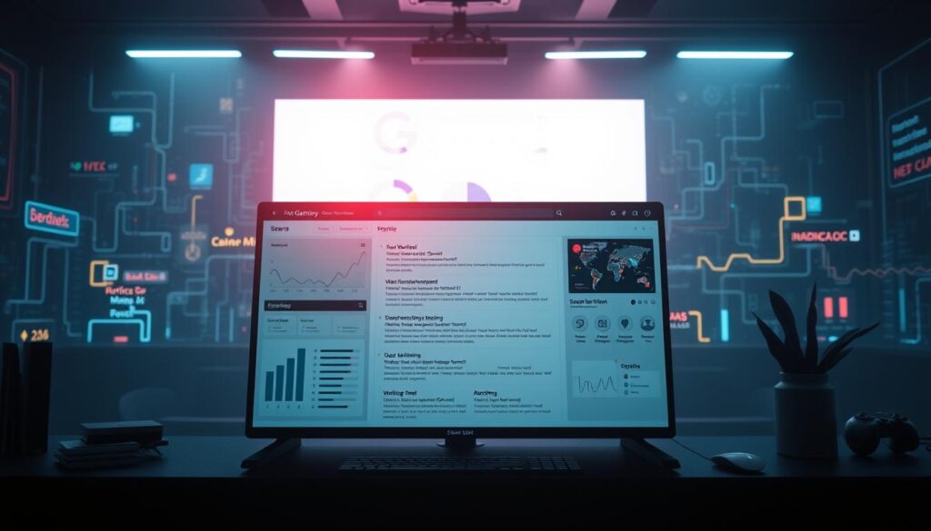 A serene, well-designed interface showcasing the core concepts of SEO for an online gaming website. In the foreground, a minimalist dashboard displays key metrics and optimization tools, bathed in soft, indirect lighting that evokes a sense of professionalism and efficiency. The middle ground features a search engine results page, highlighting the visibility and ranking of the gaming site, while the background subtly depicts the interconnected nature of search engine algorithms and user behavior. The overall composition conveys a clean, modern aesthetic that aligns with the sophisticated, technology-driven nature of online gaming and SEO.