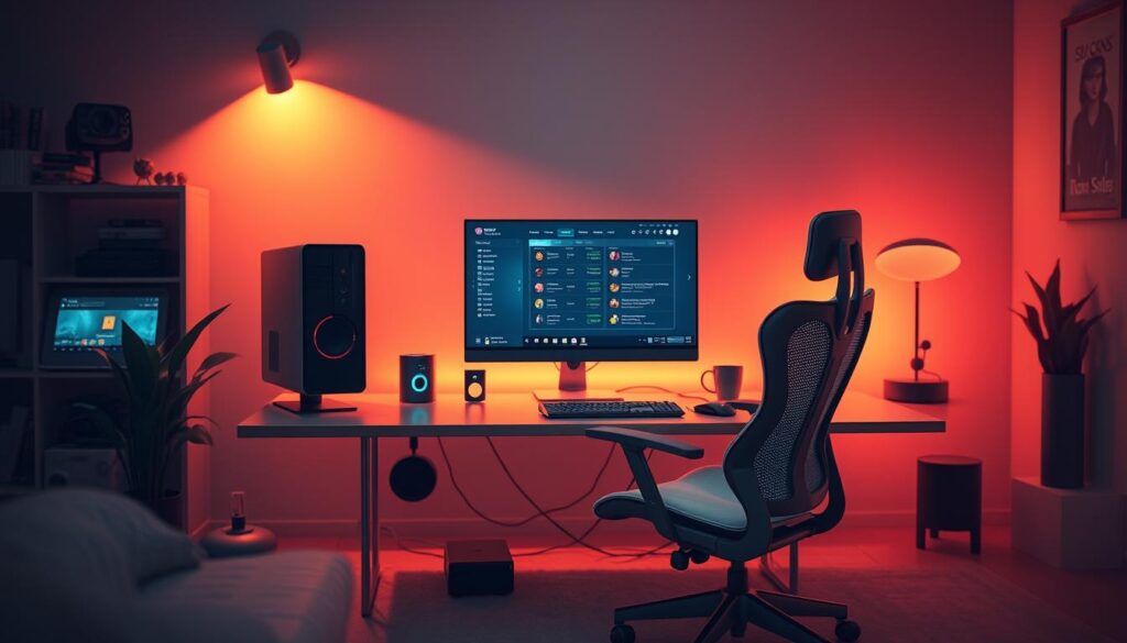 A serene, well-lit home office setup with a sleek, modern desktop computer, a comfortable ergonomic chair, and a large, high-resolution monitor displaying a secure, user-friendly online gambling platform. The environment exudes a sense of safety, convenience, and control, with discreet yet prominent security features such as encrypted connections and two-factor authentication. The ambiance is calming, with warm, diffused lighting and a minimalist, clutter-free design that enhances focus and concentration. The overall impression conveys the ease, privacy, and responsible nature of online gambling compared to the more chaotic and unpredictable experience of a physical casino.