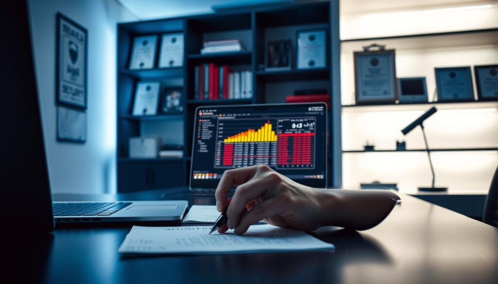 A serene, well-lit office environment with a sleek, modern desk showcasing a laptop, papers, and a pen. In the foreground, a pair of hands carefully analyzing a security report on the screen. The background features shelves displaying security-related books and certifications, creating an atmosphere of professionalism and expertise. Soft, directional lighting illuminates the scene, casting subtle shadows and highlighting the details. The overall tone is one of diligence, attention to detail, and a commitment to ensuring the safety and security of online gaming platforms.