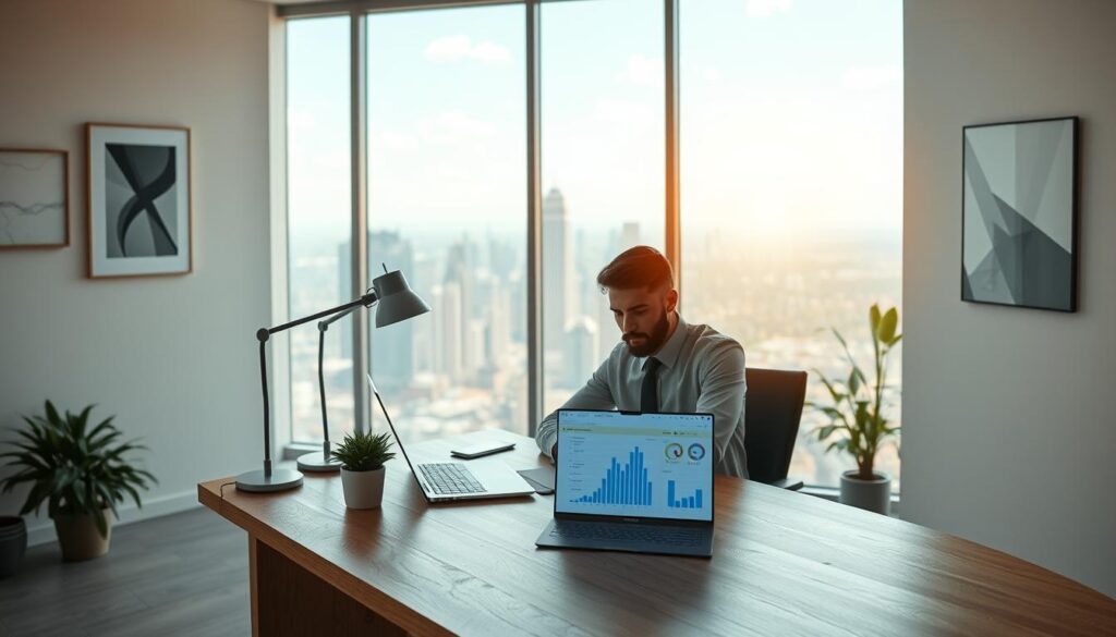 A serene, well-lit office scene with a central wooden desk showcasing a laptop, a modern lamp, and a small potted plant. In the background, a large glass window provides a panoramic view of a bustling city skyline. The walls are adorned with minimalist abstract art pieces, conveying a sense of order and professionalism. The lighting is soft and warm, creating a calm and focused atmosphere. A business person is seated at the desk, deeply engrossed in analyzing risk management charts and data on the laptop screen. The overall mood is one of thoughtful contemplation and diligent risk assessment.