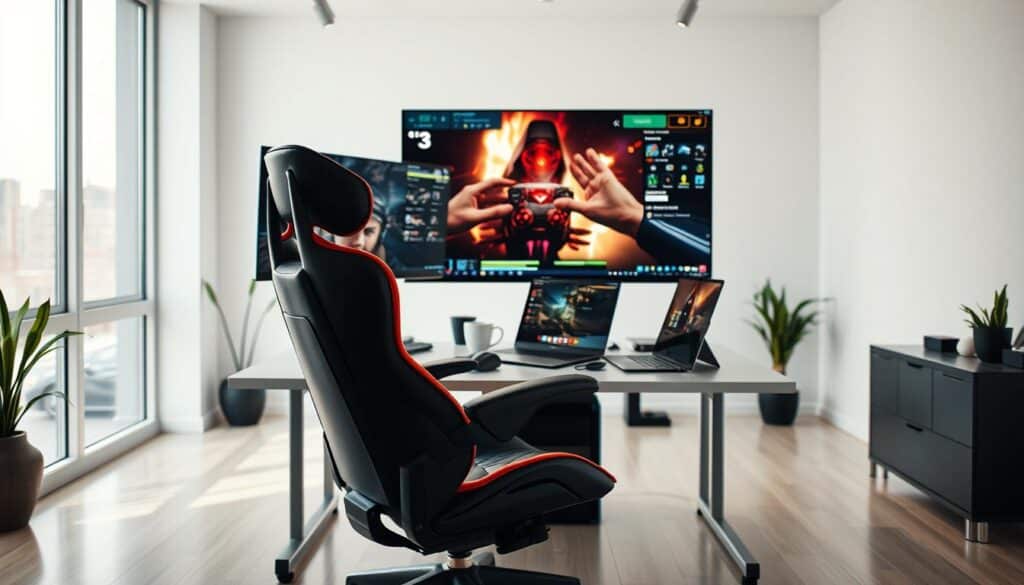 A serene, well-lit office setting with a focus on a successful online gaming expert. In the foreground, an ergonomic gaming chair and a modern, minimalist desk with a sleek laptop, a cup of coffee, and a few gaming peripherals. The middle ground features a large, high-resolution monitor displaying gameplay, with the expert's hands visible, conveying a sense of mastery and concentration. The background showcases a clean, contemporary room with large windows allowing natural light to flood the space, creating a calm and productive atmosphere. The overall mood is one of focus, expertise, and the fulfillment of a successful online gaming career.