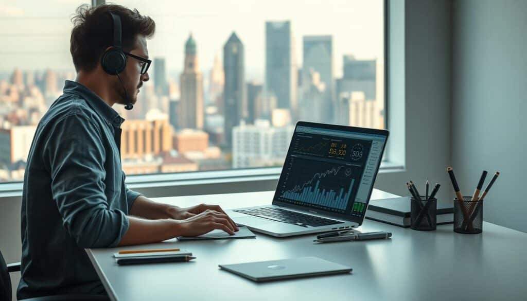 A serene, well-lit office setting with a laptop and various stationery items on a minimalist white desk. In the background, a large window offers a picturesque view of a bustling city skyline. The foreground features a person, dressed in casual attire, intently studying analytics and keyword data on the laptop screen, representing the strategic approach to high-quality content and user-generated content for SEO optimization. Soft, natural lighting illuminates the scene, creating a sense of focus and productivity. The overall mood is one of thoughtful, deliberate content strategy.