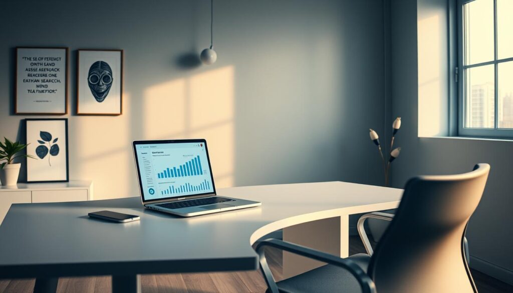 A serene, well-lit office setting with a sleek, modern desk and ergonomic chair. On the desk, a laptop displays a comprehensive SEO keyword research dashboard, showcasing a visually striking graph and charts that analyze search volume, competition, and other key metrics. The walls feature minimalist art pieces and motivational quotes, creating a professional yet inspiring atmosphere. Soft, natural lighting filters in through large windows, casting a warm glow on the scene. The overall composition conveys the importance and strategic nature of SEO keyword research, a crucial aspect of the article's subject matter.