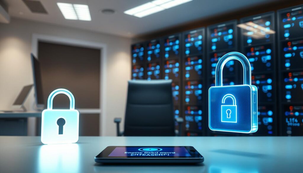 A serene, well-lit office space with a sleek, modern desk and ergonomic chair. In the foreground, a padlock icon glows softly, symbolizing the security and trustworthiness of the online casino experience. The middle ground features a tablet displaying a secure connection and encrypted data transfer, emphasizing the platform's commitment to privacy and data protection. The background showcases a wall of servers, their blue indicator lights pulsing rhythmically, conveying the robust infrastructure that underpins the casino's operations. The overall atmosphere exudes a sense of professionalism, reliability, and technological sophistication.