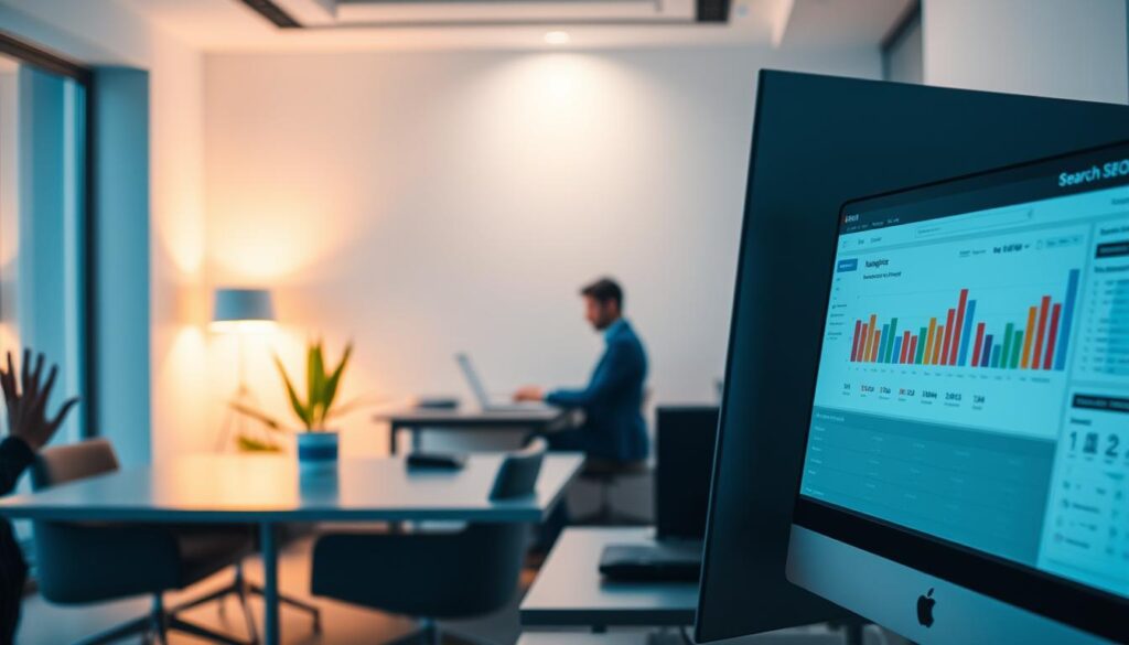 A serene, well-lit office space with sleek, modern furniture. In the foreground, a computer monitor displays a search engine optimization dashboard, showcasing technical metrics and analytics. In the middle ground, a professional working intently, typing on a laptop. Ambient lighting casts a warm glow, highlighting the importance of technical SEO for an online business. The background features a clean, minimalist wall, drawing the viewer's attention to the technical aspects of search engine optimization.