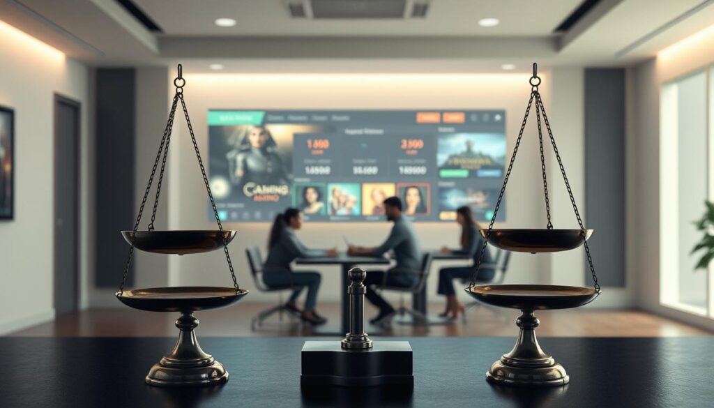 A serene, well-lit room with a sense of fairness and balance. In the foreground, a pair of balanced scales representing the concept of fairness, their pans equally weighted. In the middle ground, a group of people engaged in a digital game, their expressions calm and focused, suggesting a sense of equitable gameplay. The background features a stylized representation of an online casino or gaming platform, with soft, muted colors and clean lines conveying a professional, trustworthy atmosphere. The overall mood is one of tranquility, transparency, and fair play.