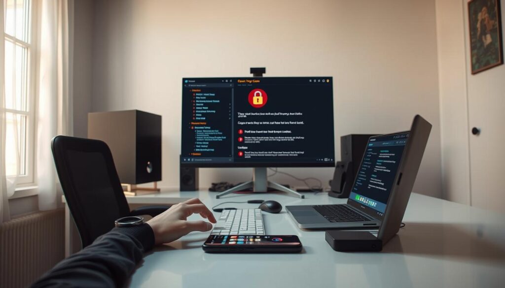 A serene, well-lit scene depicting a Taiwanese gamer in a calm, focused state, sitting at a desk with a desktop computer, laptop, and smartphone on it. The foreground shows their hands, carefully navigating through menus and windows, as they follow a step-by-step guide for protecting themselves from online casino scams. The middle ground features a large monitor displaying relevant security information, while the background showcases a clean, minimalist home office environment with natural lighting filtering in through a window. The overall mood is one of empowerment, education, and proactive self-preservation.