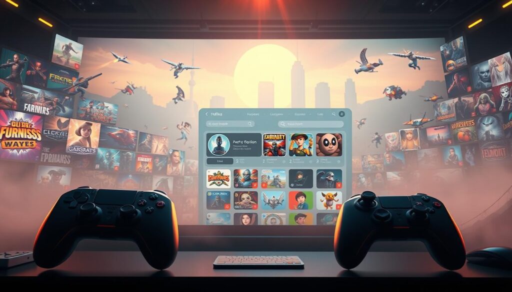 A serene, well-lit scene of an online gaming platform's interface. In the foreground, sleek, modern game icons and controls float against a backdrop of a wide variety of game genres, from action-packed shooters to vibrant, whimsical adventures. The middle ground showcases a clean, user-friendly dashboard, highlighting game categories, leaderboards, and social features. In the distance, a soft, abstract skyline subtly suggests the platform's global reach and connectivity. Lighting is warm and inviting, creating a sense of security and trust. The overall composition conveys the platform's commitment to both game diversity and user safety, appealing to a wide range of players.