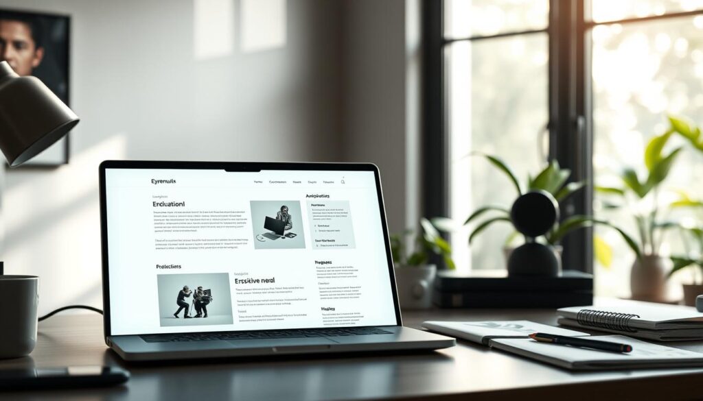 A serene, well-organized desktop workspace showcasing the best practices for website information architecture optimization. In the foreground, a minimalist laptop display features a clean, intuitive layout with strategically placed navigation elements and informative content sections. Soft, natural lighting filters in through a large window, creating a calm, productive atmosphere. The middle ground features ergonomic office accessories like a tablet, stylus, and a neatly organized notes and reference materials. The background depicts a tranquil, plant-filled environment, suggesting a balanced, user-centric approach to website design. The overall scene conveys a sense of efficiency, clarity, and attention to detail - the hallmarks of effective information architecture optimization.