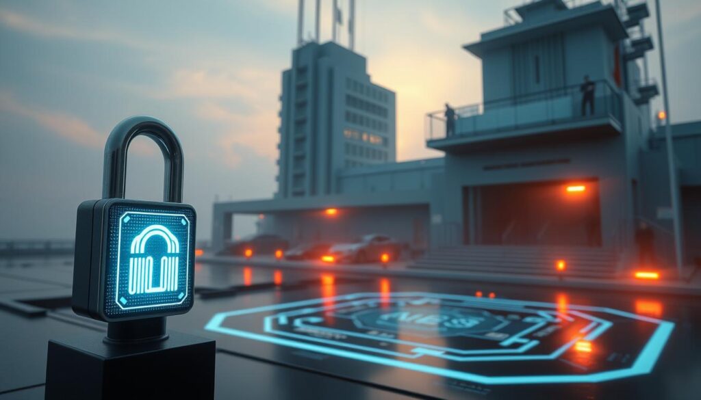 A serene, well-secured online gaming platform set against a backdrop of a tranquil, high-security facility. In the foreground, a digital lock system with biometric authentication, symbolizing robust security measures. The middle ground features a sleek, modern interface displaying various game options, emphasizing the platform's reliability. In the background, a towering, heavily fortified building with surveillance cameras and armed guards, conveying a sense of unwavering protection for the players. The lighting is soft and warm, creating an atmosphere of trust and safety, while the camera angle is slightly elevated, giving a panoramic view of the secure environment.