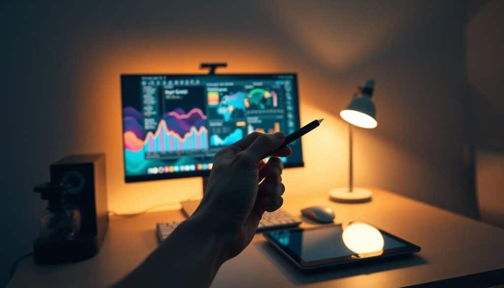 A serene workspace with a sleek desktop computer, a minimalist keyboard, and a high-resolution monitor displaying a vibrant, data-driven visualisation. Soft, directional lighting casts a warm glow, creating an atmosphere of focused productivity. In the foreground, a hand holding a stylus hovers over a digital tablet, ready to capture insights from the screen. The background features clean, geometric shapes and muted tones, offering a calming, distraction-free environment for in-depth keyword research and analysis.