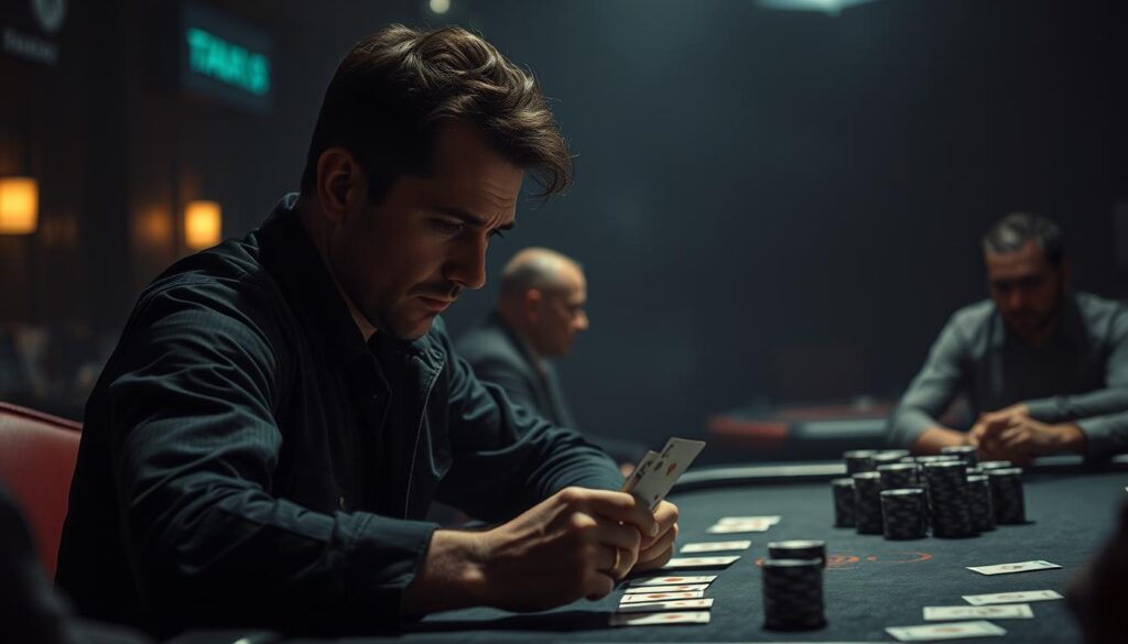A serene yet cautious tableau of risk management in Texas Hold'em poker. In the foreground, a skilled player contemplates their cards, brow furrowed in calculated consideration. The middle ground features a detailed tabletop, chips and cards arrayed with precise order, reflecting the discipline and strategy required. In the background, an atmospheric chiaroscuro lighting casts dramatic shadows, evoking the high-stakes tension of the game. The overall mood conveys the gravity of risk-based decision making, essential for navigating the unpredictable currents of this iconic card game.
