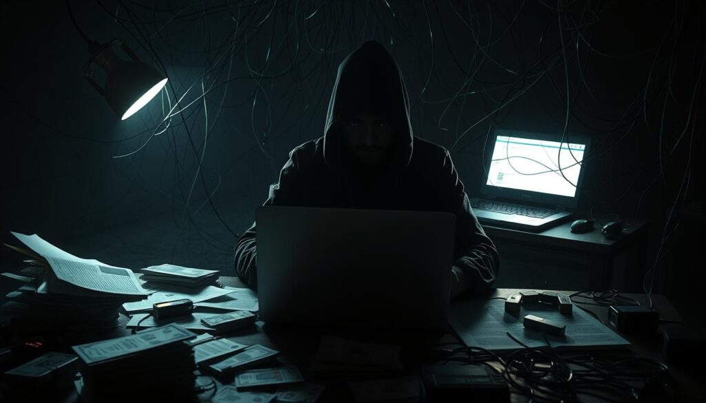 A shadowy figure sits at a desk, surrounded by scattered documents and a glowing laptop screen. The lighting is harsh and dramatic, casting deep shadows across the face, conveying a sense of secrecy and deception. In the foreground, a stack of cash and various electronic devices suggest the tools of the trade. The middle ground features a sprawling web of wires and cables, hinting at the complex, interconnected nature of modern fraud schemes. The background is shrouded in darkness, evoking a sense of unease and the unknown. The overall mood is one of intrigue, danger, and the ever-evolving tactics of those who seek to exploit the unwary.