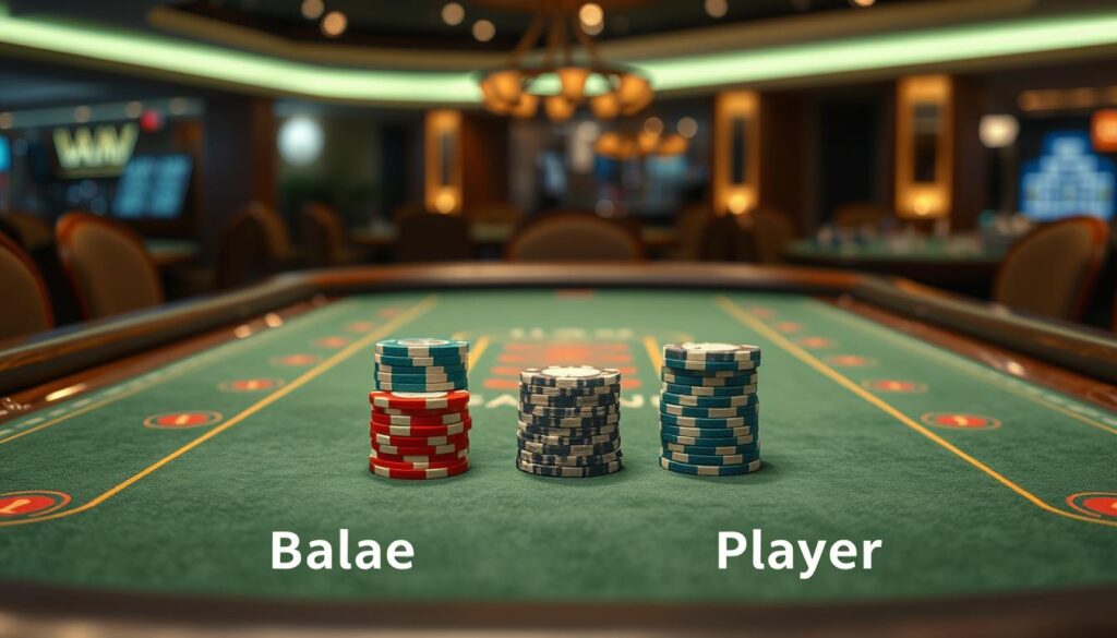 A side-by-side comparison of the win rates of the banker (莊家) and the player (閒家) in a realistic Baccarat table setting. A green-felted tabletop stretches across the foreground, with elegant wooden accents and soft, warm lighting creating a refined ambiance. In the center, two piles of casino chips in contrasting colors symbolize the respective win rates, presented in a clear, visually compelling manner. The background features a blurred, out-of-focus view of the casino, hinting at the larger gaming environment. The overall composition conveys a sense of analytical elegance, inviting the viewer to study the relative performance of the two Baccarat positions.